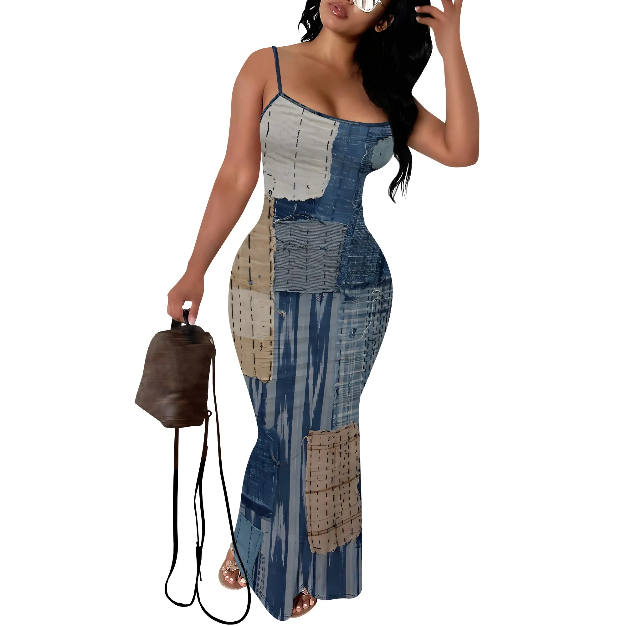 Abito lungo Boho Denim con stampa a punto patch Abito lungo aderente senza maniche aderente con cinturino per spaghetti Abbigliamento casual