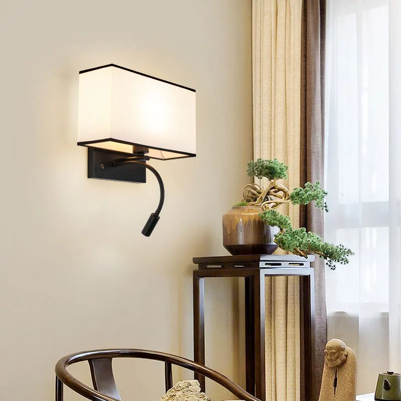 

European Style Hotel Bedside Wall Lamp Black Antique Copper Strip Led Spotlight Living Room Bedroom Study Fabric Wall Light