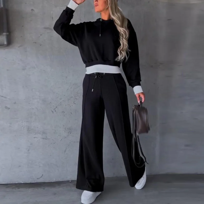 Fashion Comfortable Hooded Women Tracksuit 2Pc Set Casual Street Solid Simple Suits New Loose Hoodie Straight Long Pants Outfits