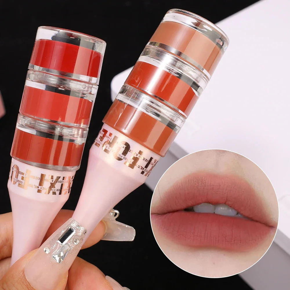 Moisturizing Red Canned Lip Mud Matte Velvet Lasting 3color Mousse Lipstick Set Non-stick Cup Lip Tint Blush Cream Korean Makeup