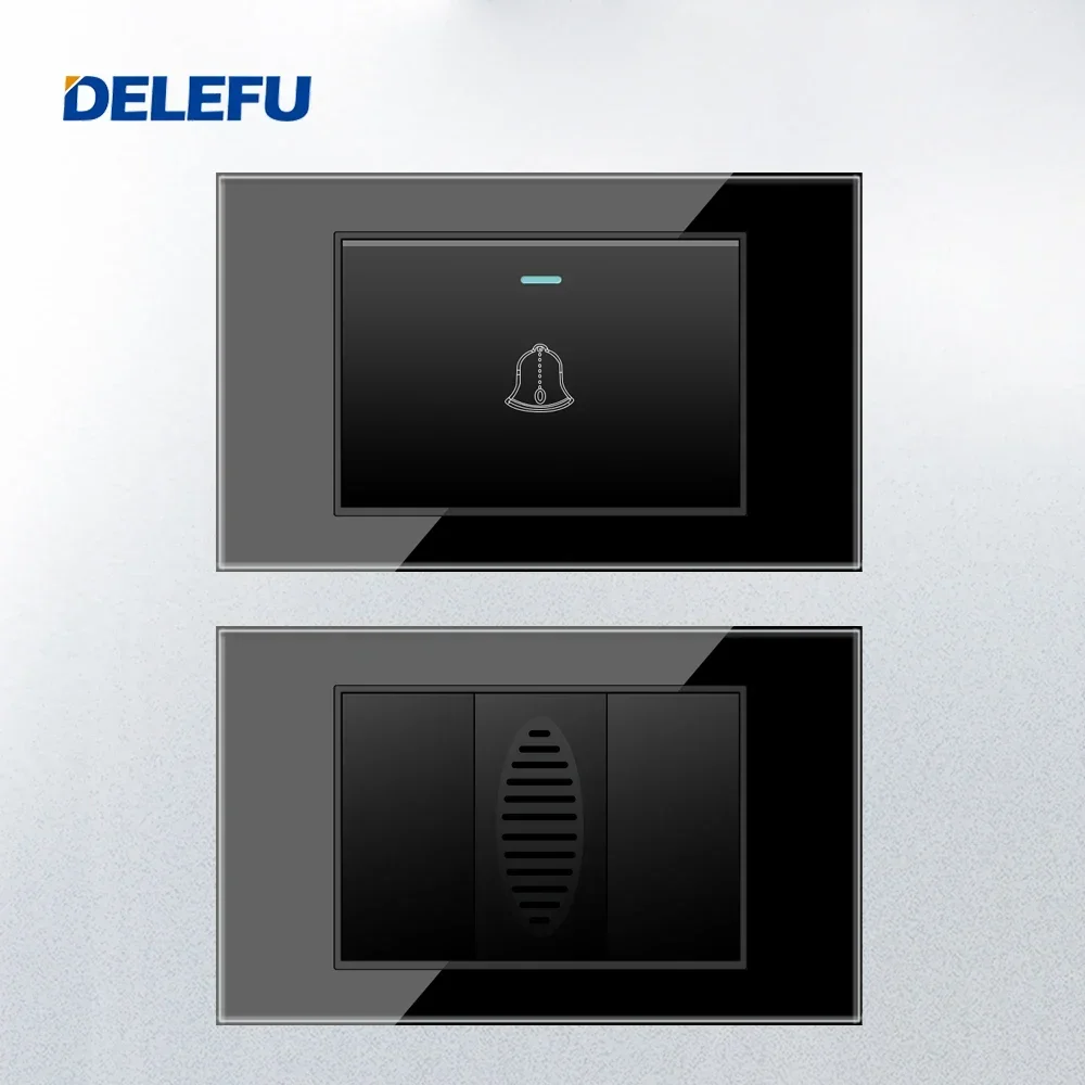 DELEFU Tempered glass panel Brazil Standard Switch Socket 118*72mm10A 20A Doorbell switch Doorbell Ding Dong Grey Black White Go