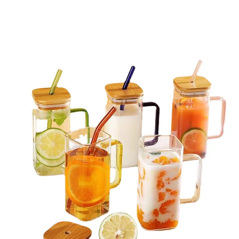 

400ml Square Glass Mug With Lid and Straw Breakfast Milk Cup Microwave Safe Transparent Party Beer Coffee Mug Cocktail Tool