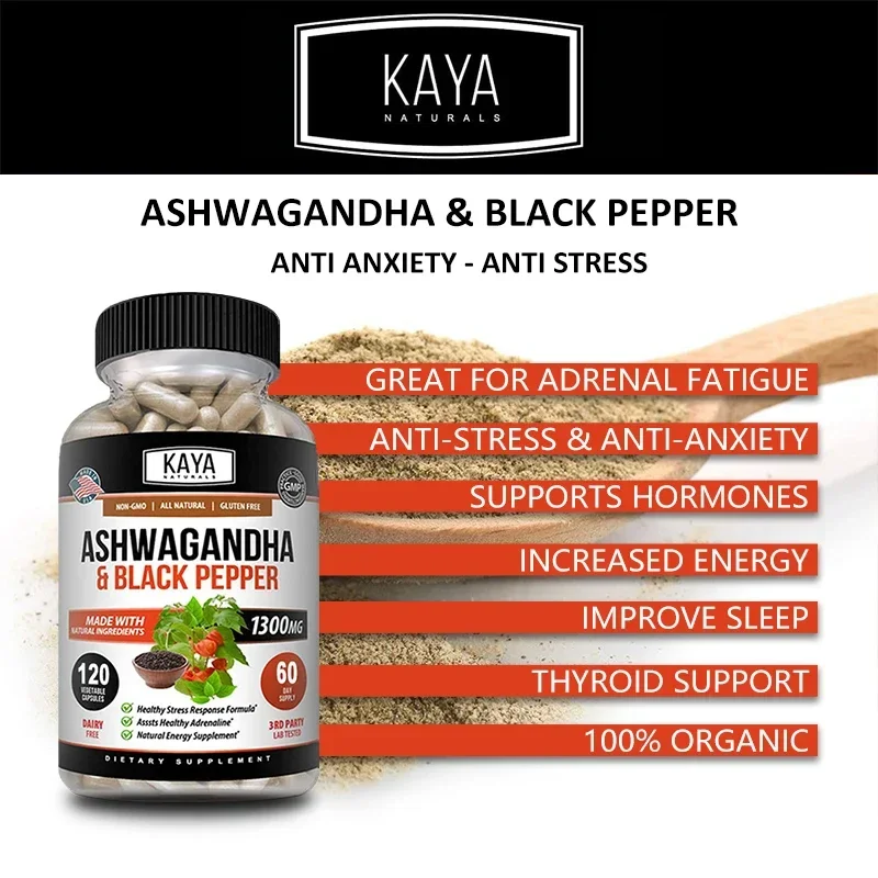 Organic Ashwagandha 1300 Mg - 120 Veggie Caps - Stress Relief, Anti-Anxiety, Improve Mood, Provide Energy