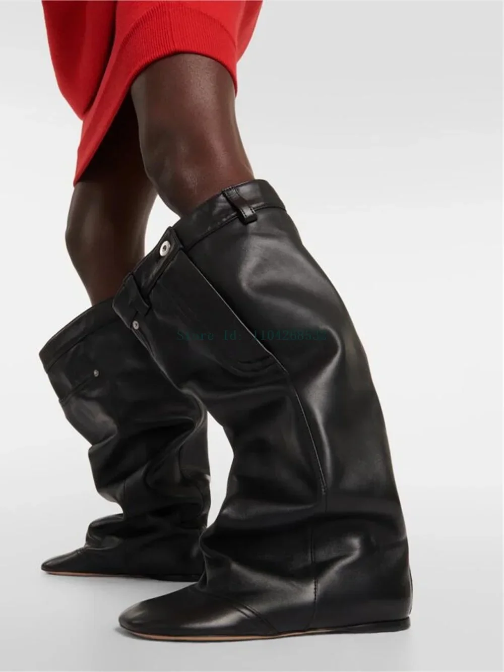 

Slouchy 2024 New Arrivals Boots Motorcycle Leather Flat With Boots Round Toe Slip On Patckwork Buckle Decor Knee High