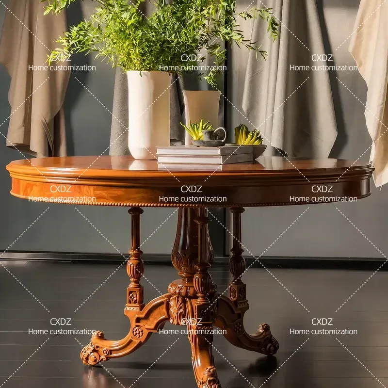 Retro Solid Wood Dining Table and Chair Set American Carved Round Table 1.35m Household Furniture Customizable