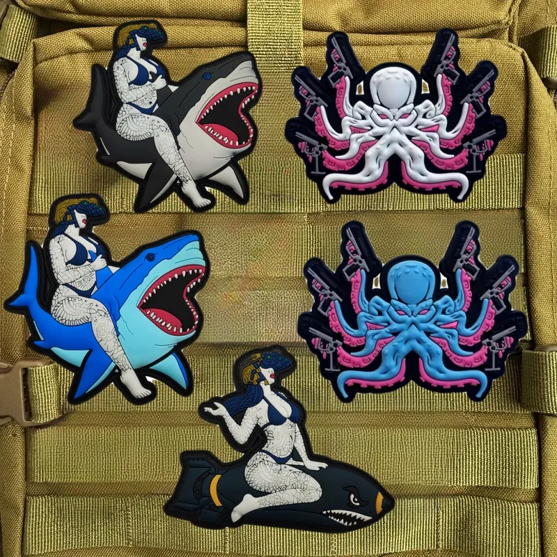 Tactical Octopus Soft PVC Morale Badge Patches Marine Life Shark Cartoon Emblem Armband Hook and Loop Backpack Hat Stickers