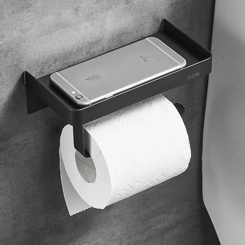 Toilet Paper Holder Wall Self Adhesive Anti-Rust Stainless Steel Toilet Roll Holder with Phone Shelf for Bathroom and Kitchen