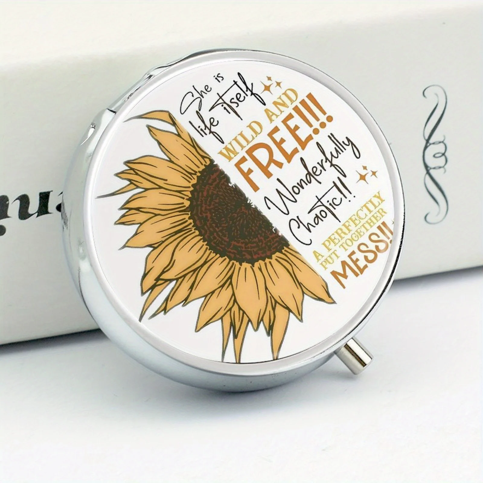 Sunflower-Inspired 3-Compartment Pill Box - Portable & Decorative Metal Medicine Organizer For Purse Or Travel,Unique Gift Idea