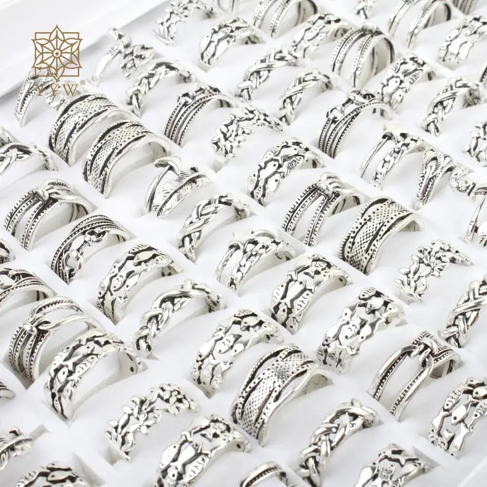 3d Carved Silver Color Plated Ring Set Mixed Style 17/18/19/10mm Sold By Box For Women Men Wholesale Punk Finger Wrap Jewelry