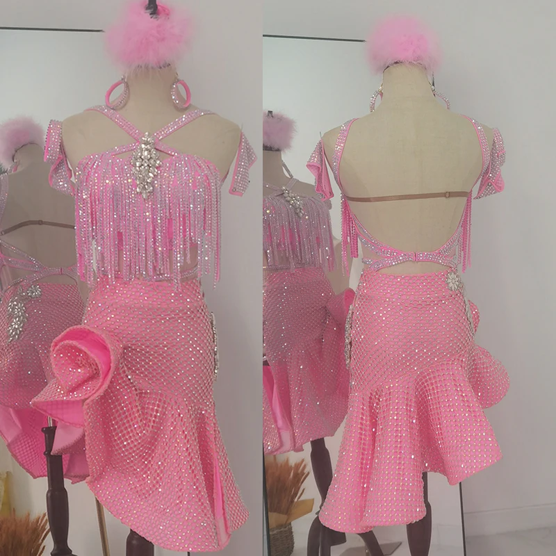 

High-End Latin Dance Professional Costume Pink Diamond Fringed Too Skirt Girls Samba Chacha Ballroom Dance Dresses SL11495