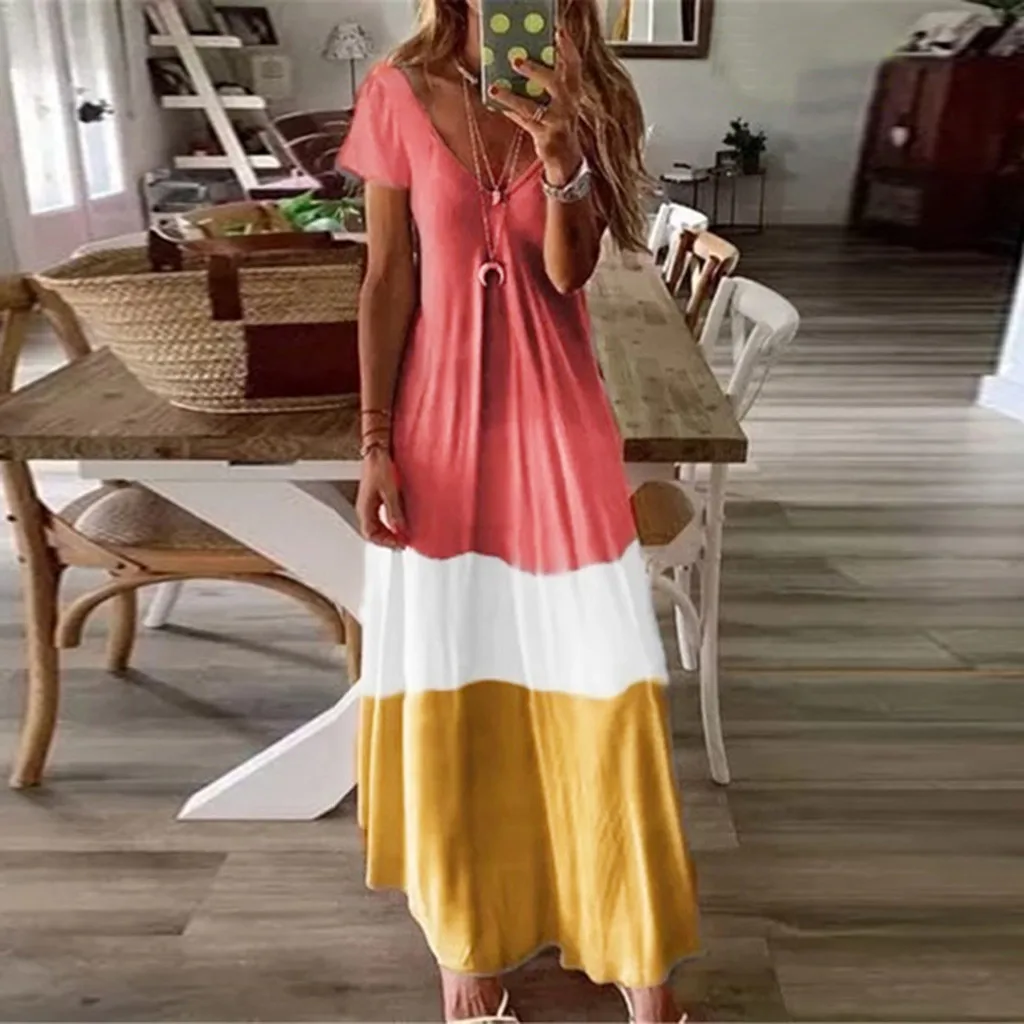 2024 Herbst Sommer Patchwork Frauen langes Kleid lässig Kurzarm V-Ausschnitt Kleider weibliche Mode trend ige lose Strand kleidung