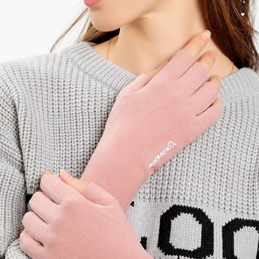 New Winter Women's Gloves Leaky Finger Thin Velvet Windproof Coldproof Warm Touch Screen Half Finger Student Gloves