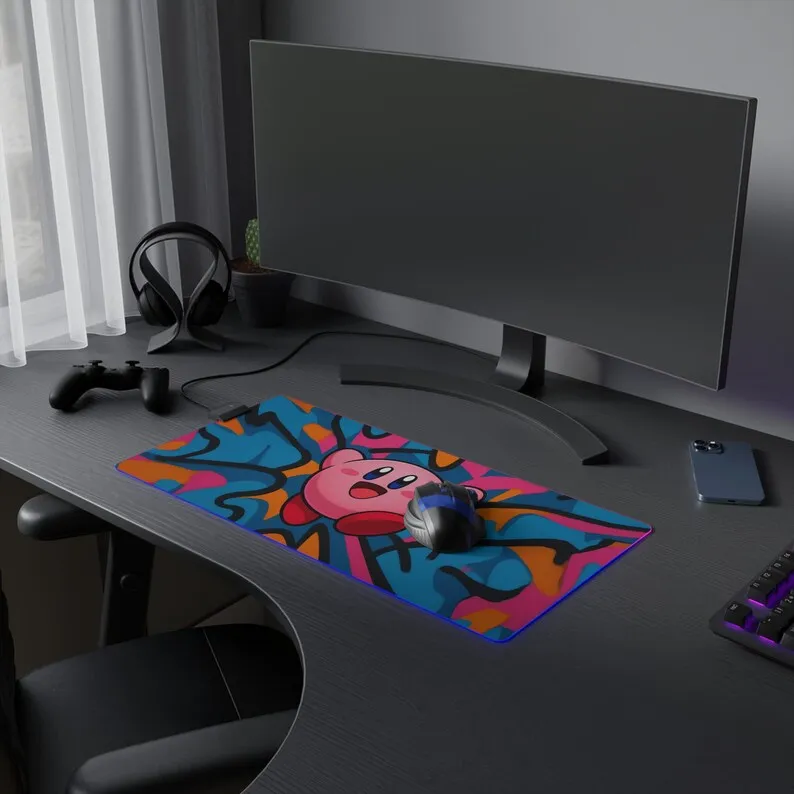 Alas Mouse Kirby Seni Jalanan Grafiti, 8 Ukuran, Lampu RGB, Alas Meja XXL, Kirby Berani, Alas Mouse Kawaii Urban, Perlengkapan Gamer Berwarna-warni