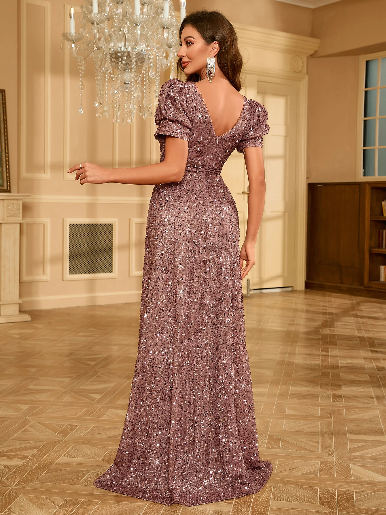 فستان UNITHORSE اللامع برقبة على شكل حرف V وأكمام قصيرة فستان سهرة مزين بالترتر اللامع للنساء #2