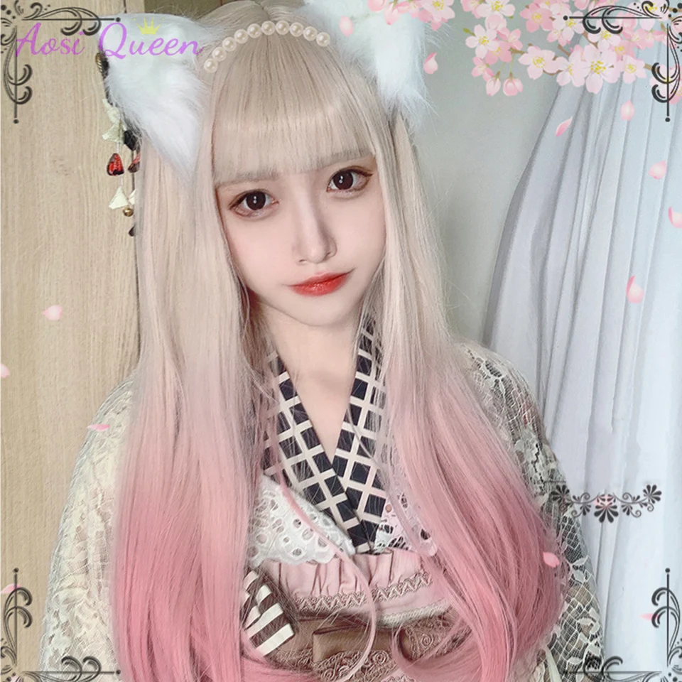 AS Long Straight White Hair Pink Synthetic Lolita Wigs with  display picture 3