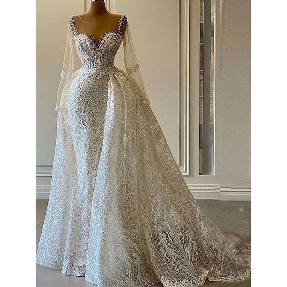 Vestidos de casamento brilhantes com lantejoulas para mulheres 2024 contas de luxo mangas compridas vestidos de sereia com trem destacável vestidos de noiva