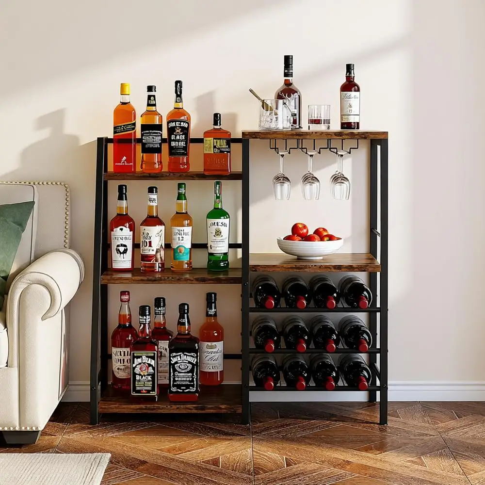 

Brown 3-Tier Standing Wine Rack with Glass Holder and Tray for Home Bar, Liquor and Whiskey Bottle Display