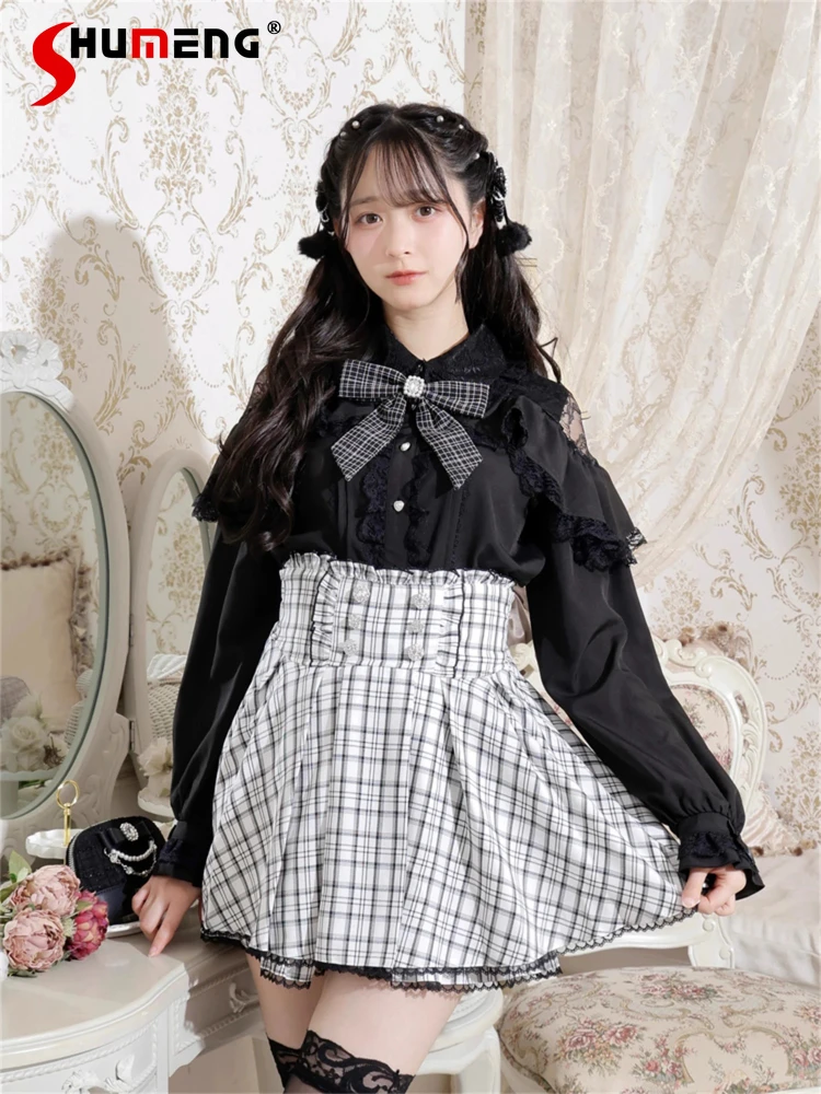 

Mine Mass-Produced Sweet Cute Bow Lolita Long Sleeve Shirt New 2025 Girls Women Slim Fit Elegant Lace Off-Shoulder Blouses Tops