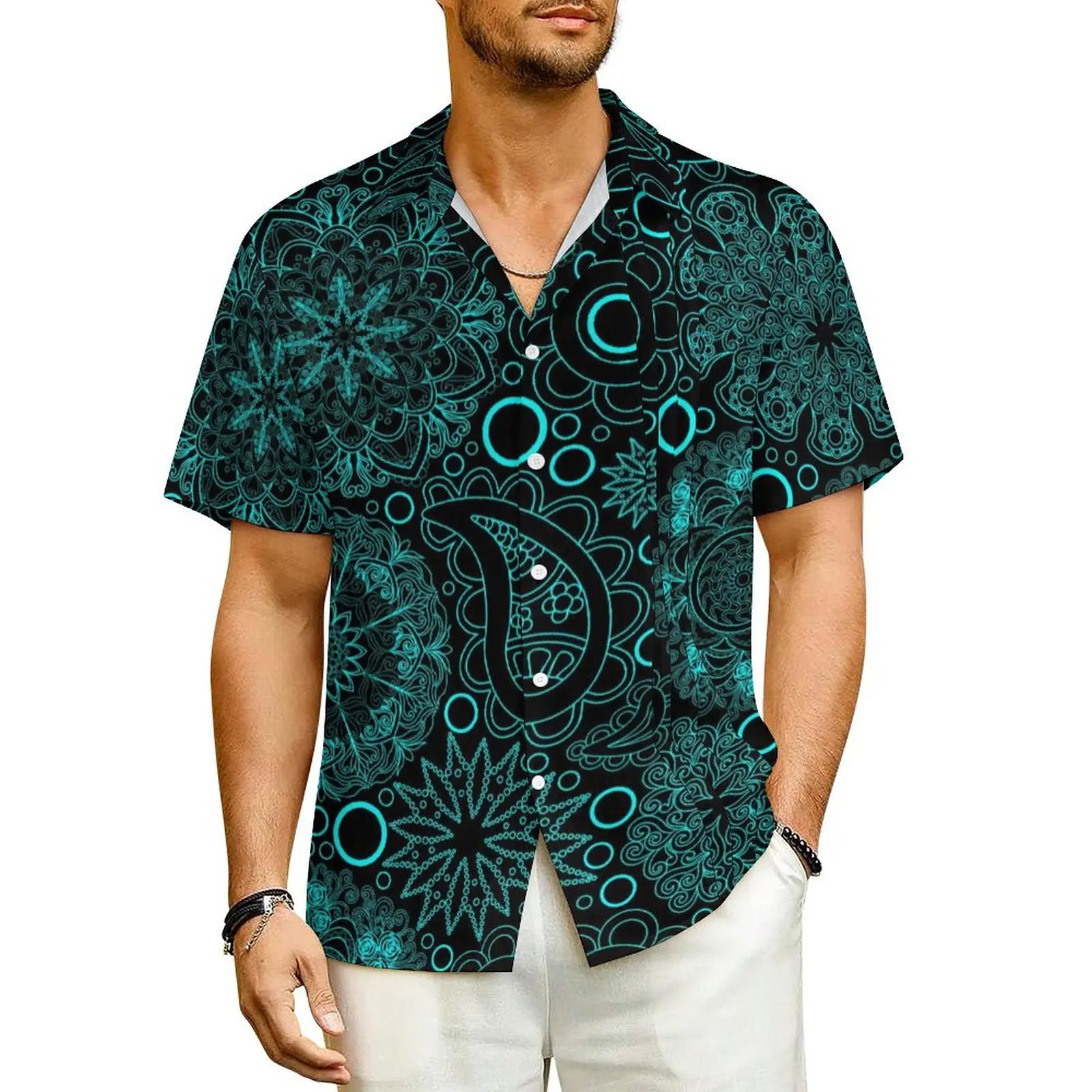

Пляжная рубашка в стиле бохо с принтом пейсли, мужские повседневные свободные рубашки с синей мандалой, Гавайские модные корейские рубашки с короткими рукавами и искусственным рисунком