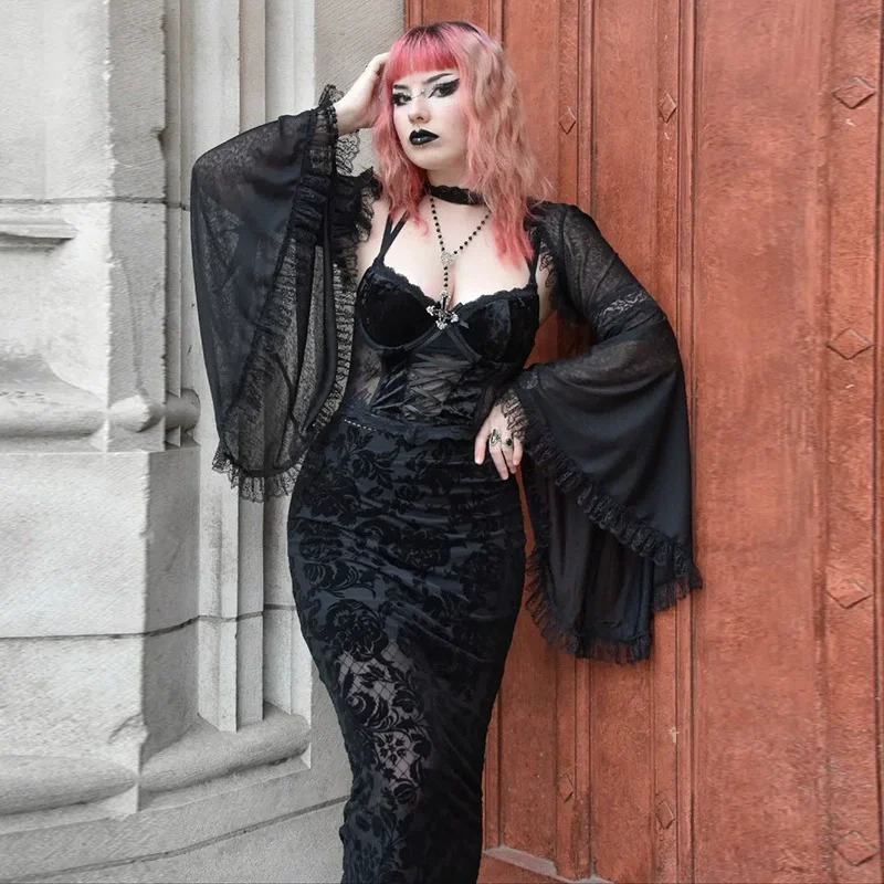 Woman Gothic Harajuku Street Mesh Print Sling Black Dresses Velvet Lace Corset Bandage Midi Dress Club Party Summer 2023 JY23017