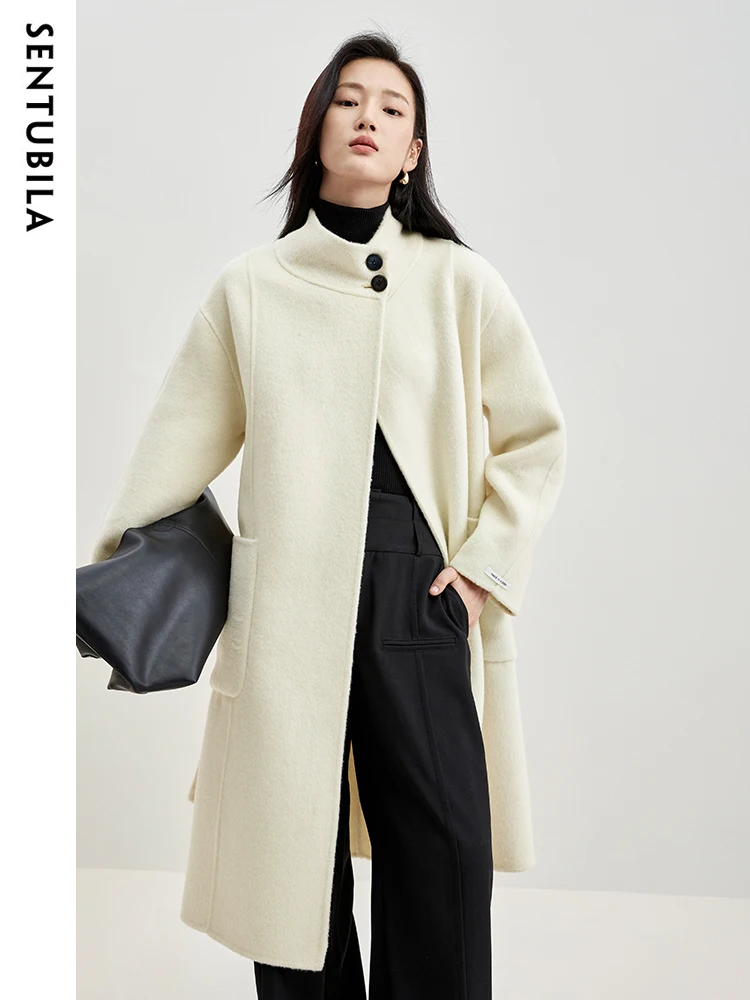 SENTUBILA Winter Woolen Coat Women 2024 Autumn Casual Double Sided Wool & Blends Coats Stand Collar Overcoat With Belt W34O51421