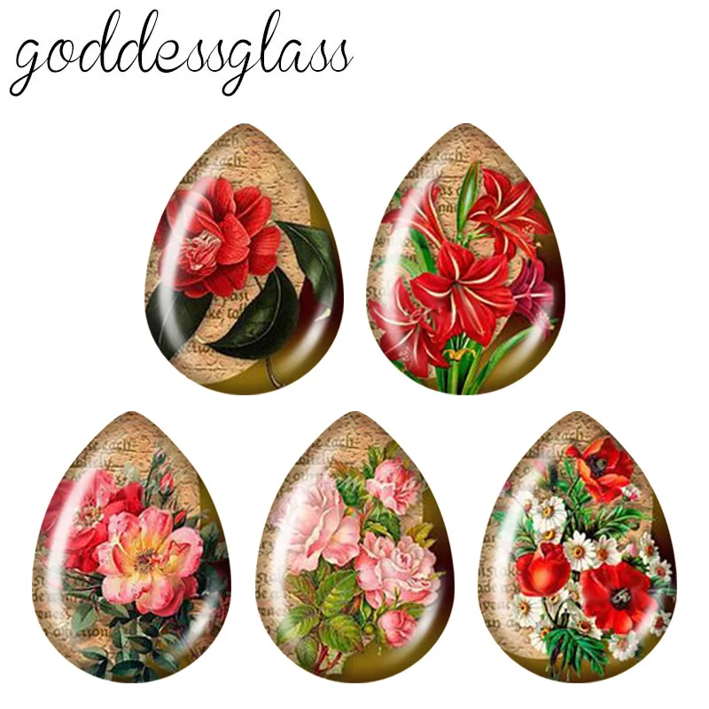 5 par piękno kwiaty retro Poppy Tear Drop szklane wypukłe koraliki cabochon płaskie plecy kolczyki DIY komponenty do wyrobu biżuterii akcesoria — zdjęcie 5