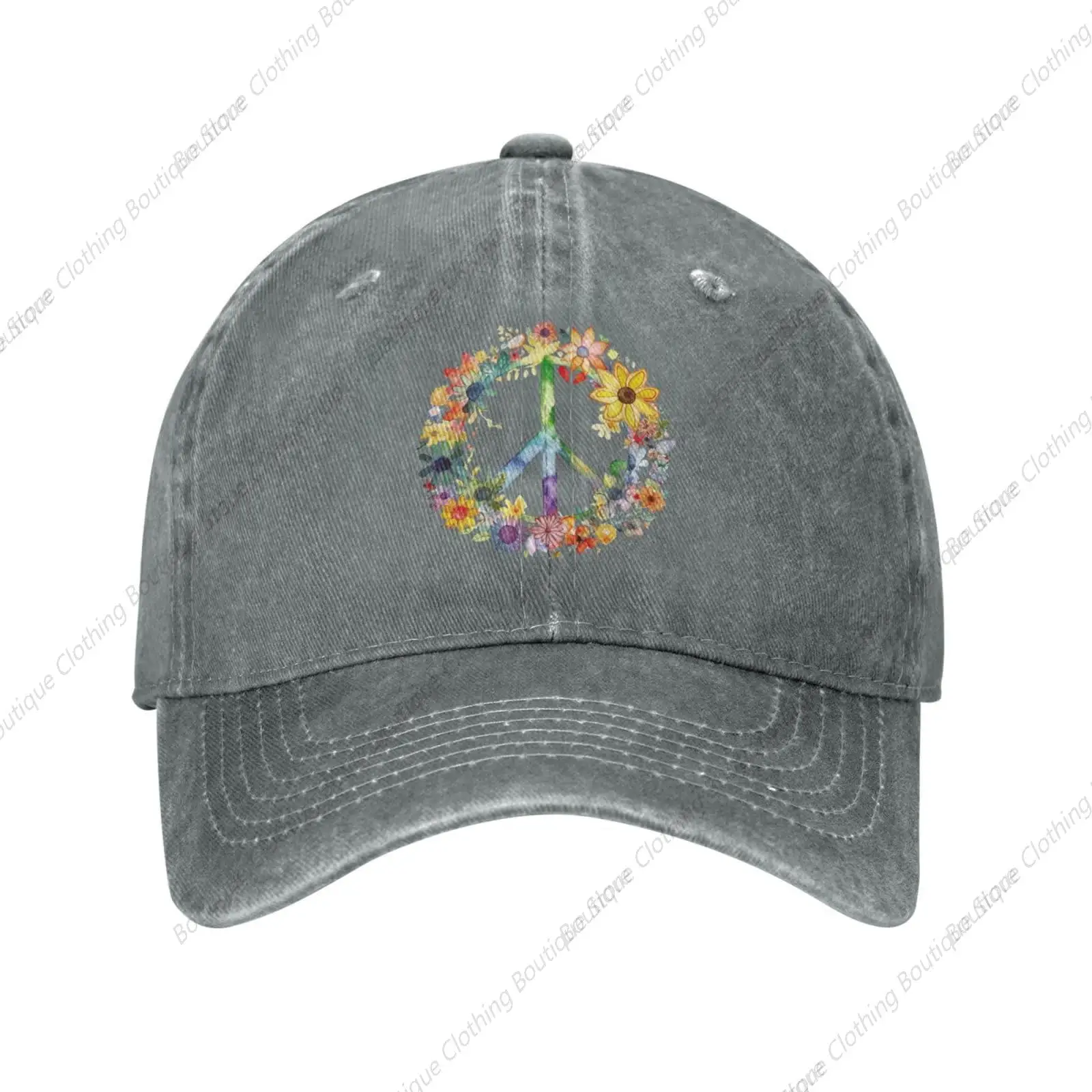 

Peace and Love Symbol Flower Gray Vintage Distressed Adjustable Washed Denim Cotton Low Profile Mens Dad Trucker Hat