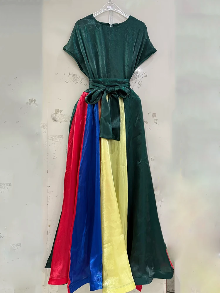 Bohemian retro color matching lace-up waist dress fashion 2026 summer women's colorful dress fashion loose big fluffy skirt.