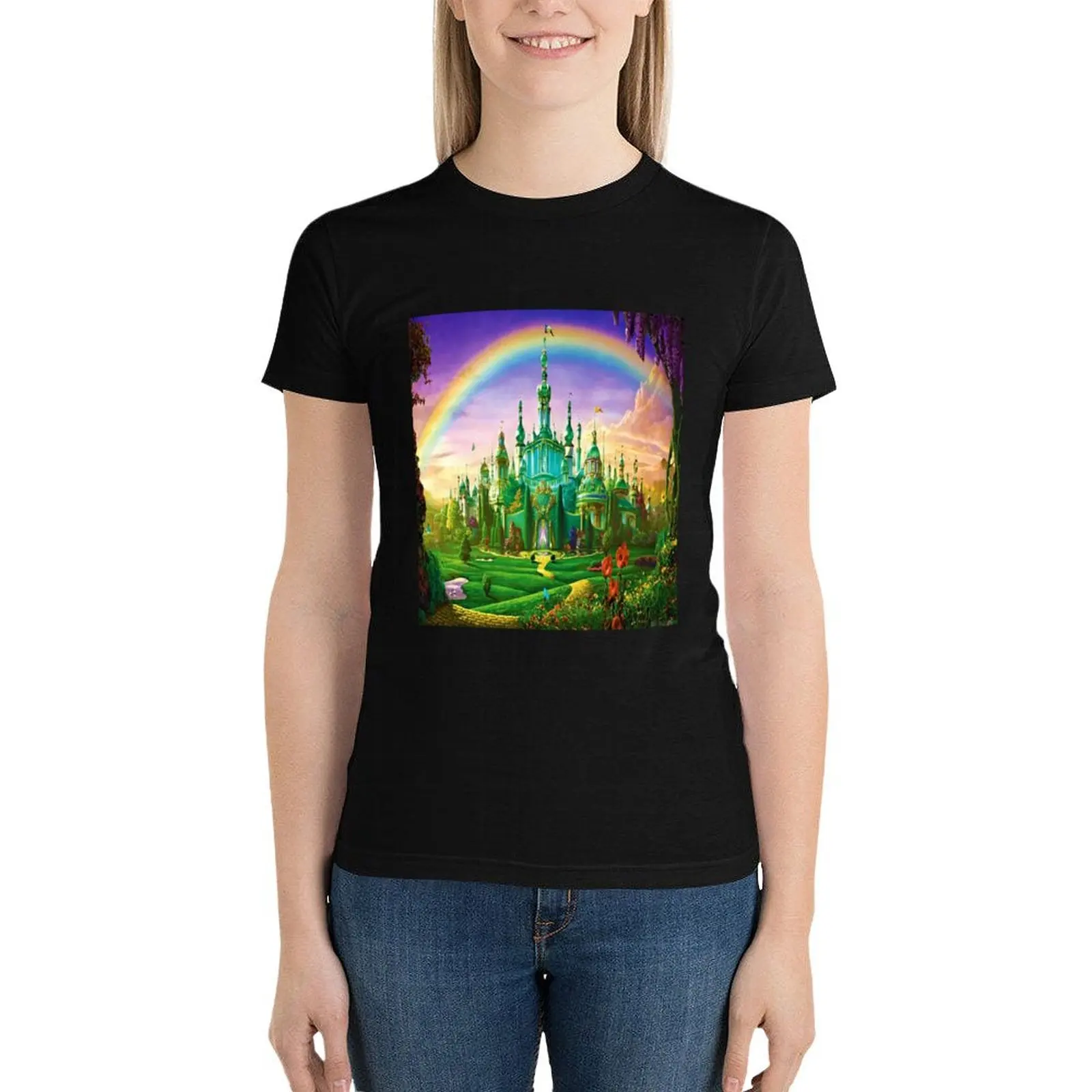 

emerald city wizard oz print digital art edit mysticladyartmask T-Shirt summer top plus size tops kawaii clothes tops for Women