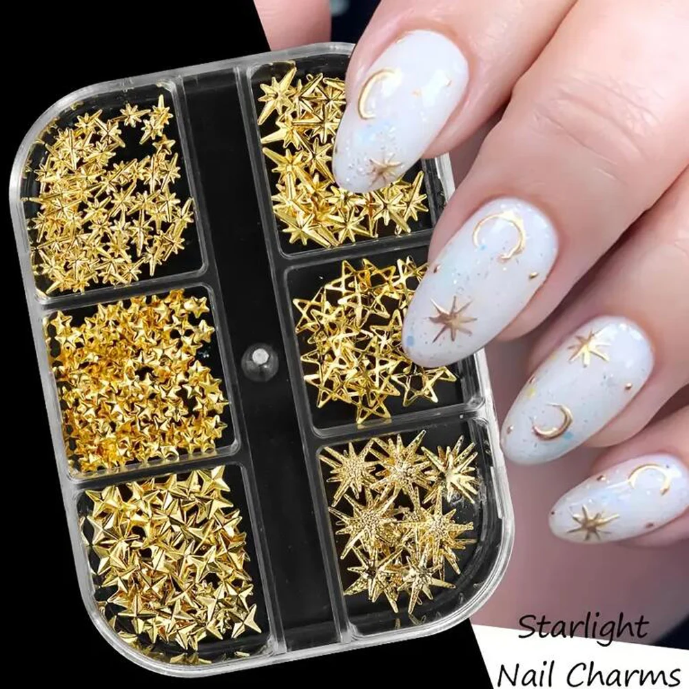 6Gird 3D 골든 스타라이트 라인스톤 네일 아트 참 리벳 스터드 스파클 스타 주얼리 펑크 합금 리벳 매니큐어 액세서리