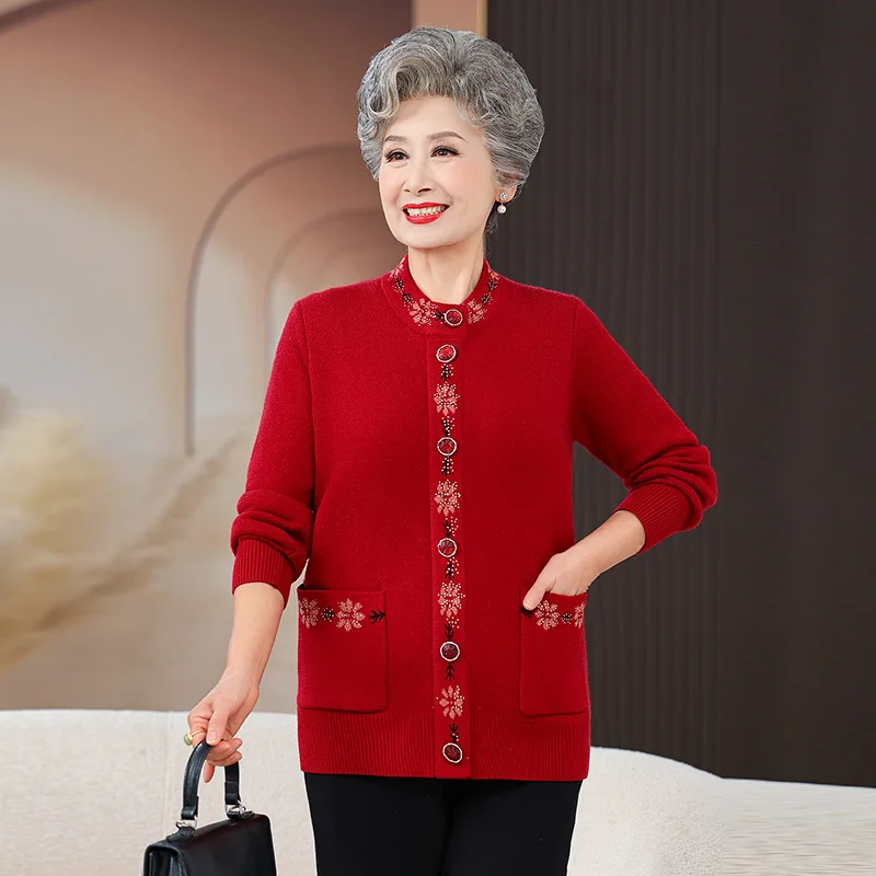 Add Velvet Keep Warm Sweater Women Knitted Cardigan Coats Autumn Winter Middle Age Mother Knitwear Tops Thick Grandma Clothes