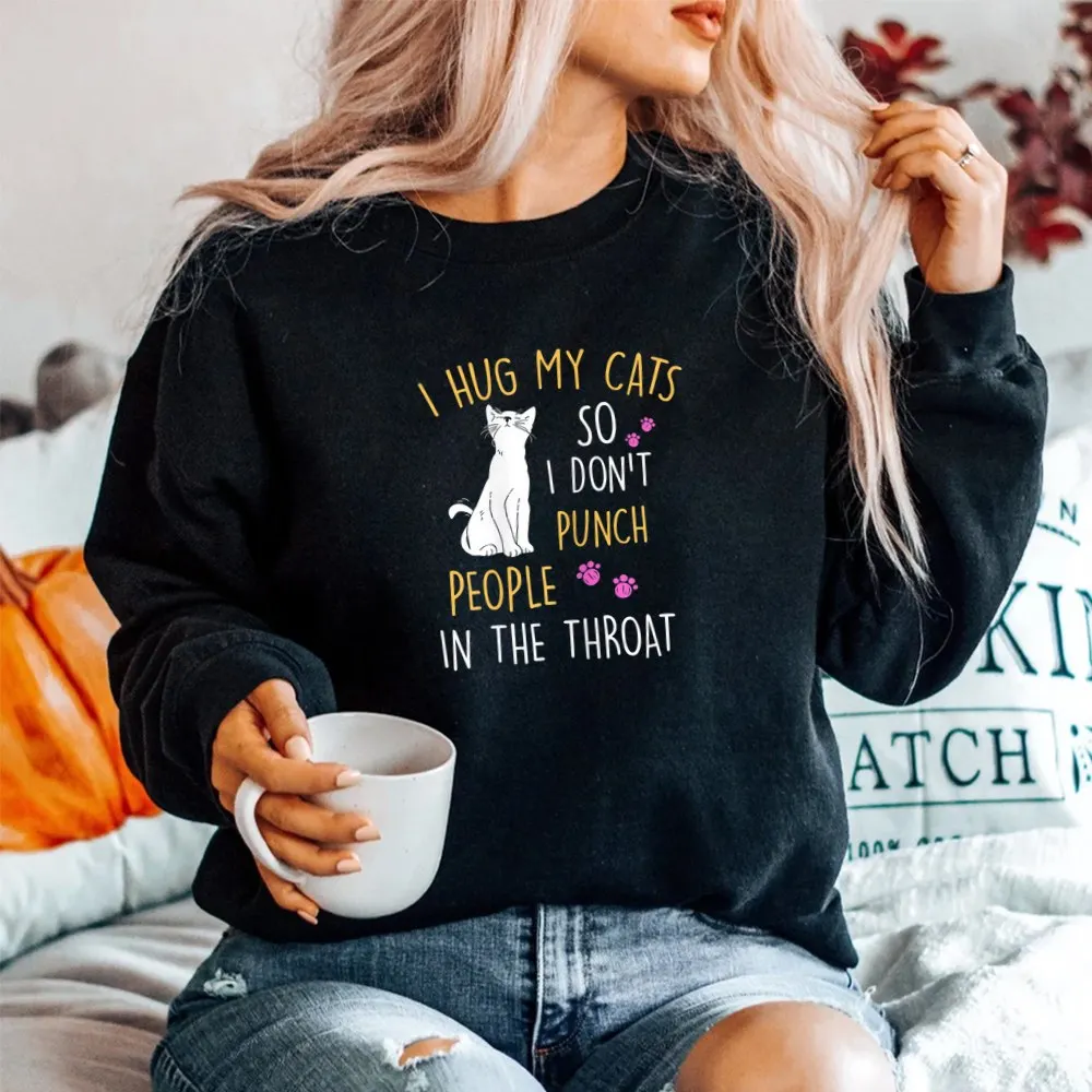 Haunt Reaper Men T Shirt Funny Cat I Hug My Cat So I Don't Punch People In The Throat Shirt For Men Cotton Tops Tees Harajuku