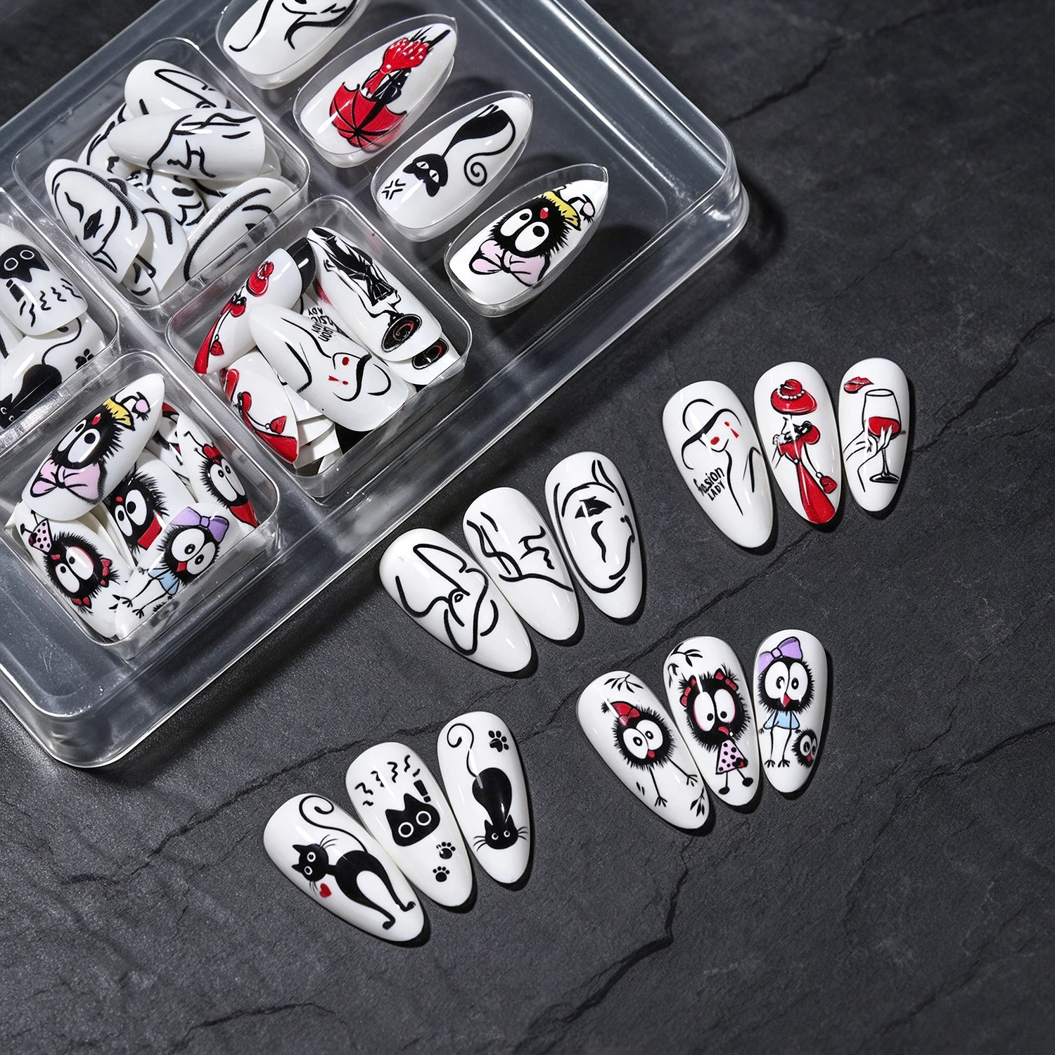 1box White Base Cartoon Pattern Almond Press On Nails Black Cat Modern Girl Sprite Fake Nails Funny Abstract Lines False Nails view 5