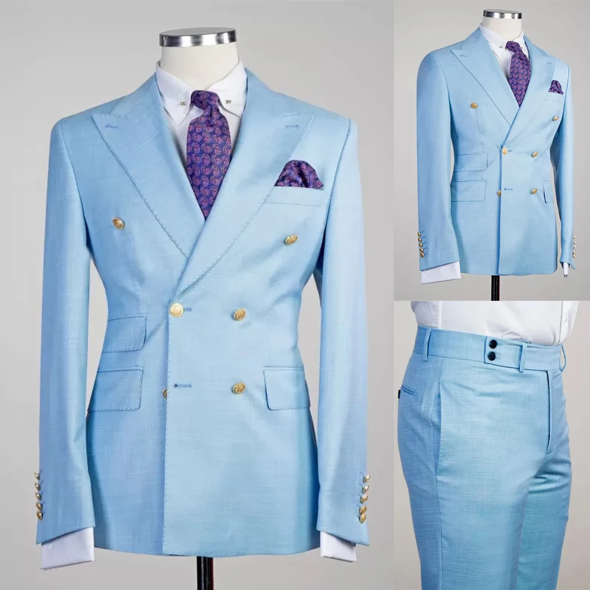 Spring Sky Blue Men Wedding Tuxedos Peaked Lapel Double Breasted Groom Dinner Formal Business Blazer Costume Homme 2 Pieces