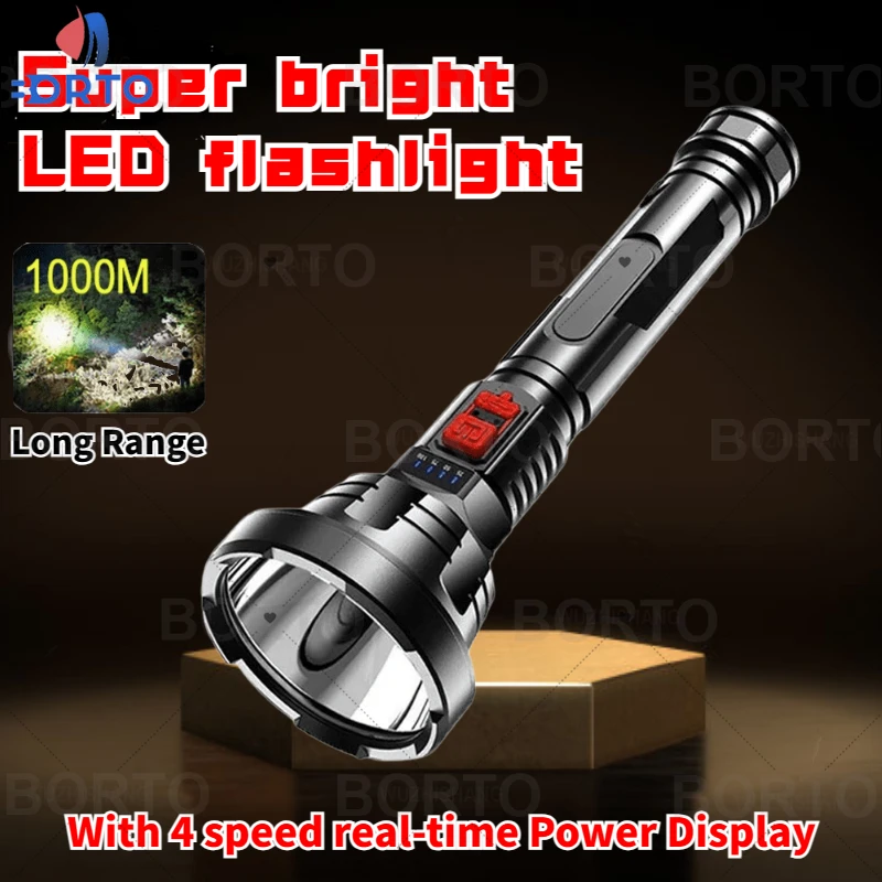 

Super Bright LED Flashlight Power Display Built in Battery Lantern Outdoor Long Range Waterproof USB Charging Strong Light Torch