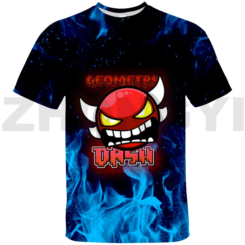 Summer Men Angry Geometry Dash Oversized T Shirt Harajuku Anime Tshirt Kids Boys Sport Short Sleeve Fashion Tees Tops Streetwear