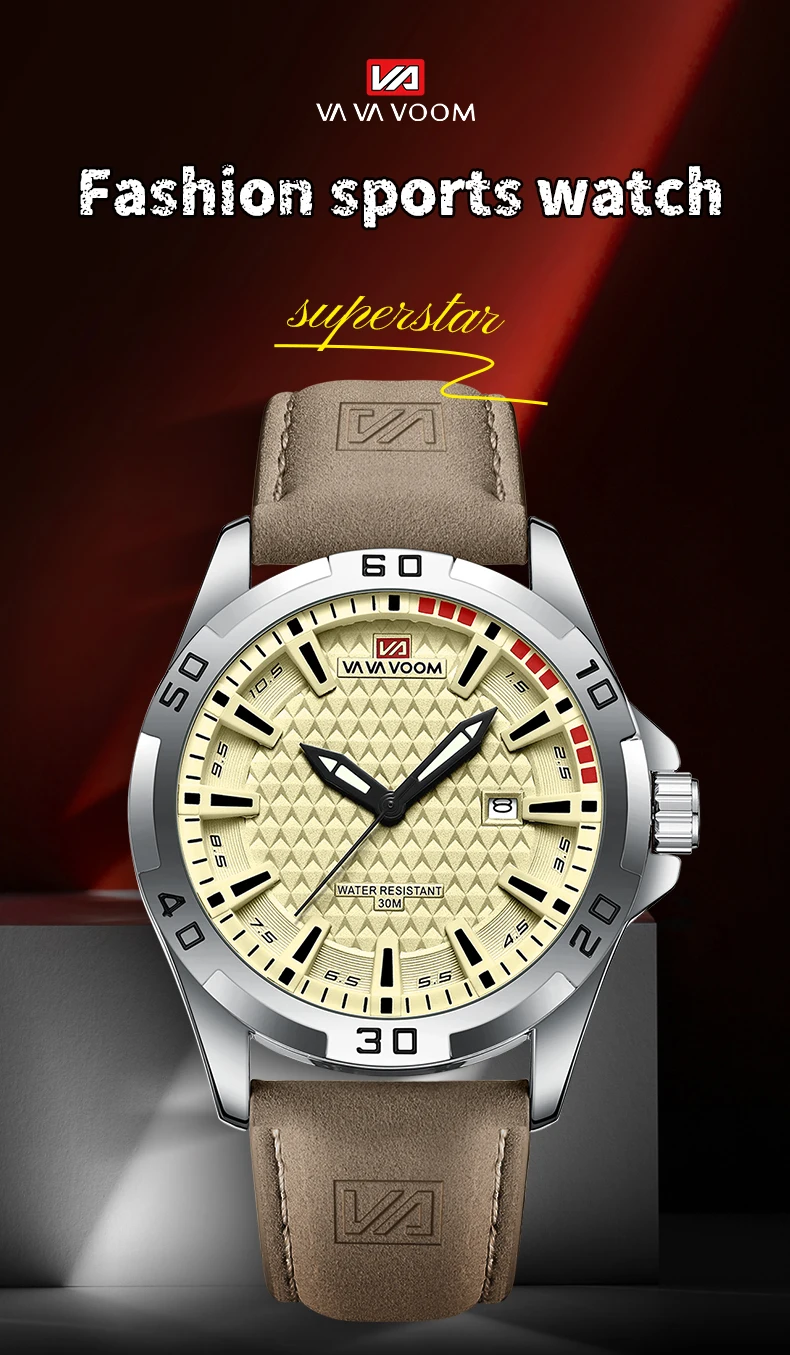 VA VA VOOM Männer Casual Sport Militär Quarz Kalender Armbanduhr für Mann Business Leder Wasserdichte Männliche Uhr Relogio Masculin – Detail 1