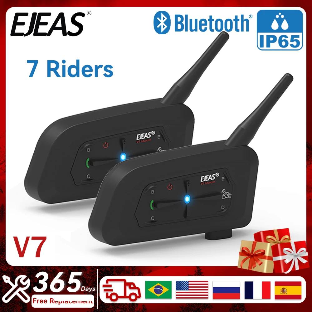 2Set EJEAS V7 Motorcycle Helmet Bluetooth 5.1 Intercom Headset Waterproof IP65 Noise Reduction Full Duplex Communicator 7 Riders