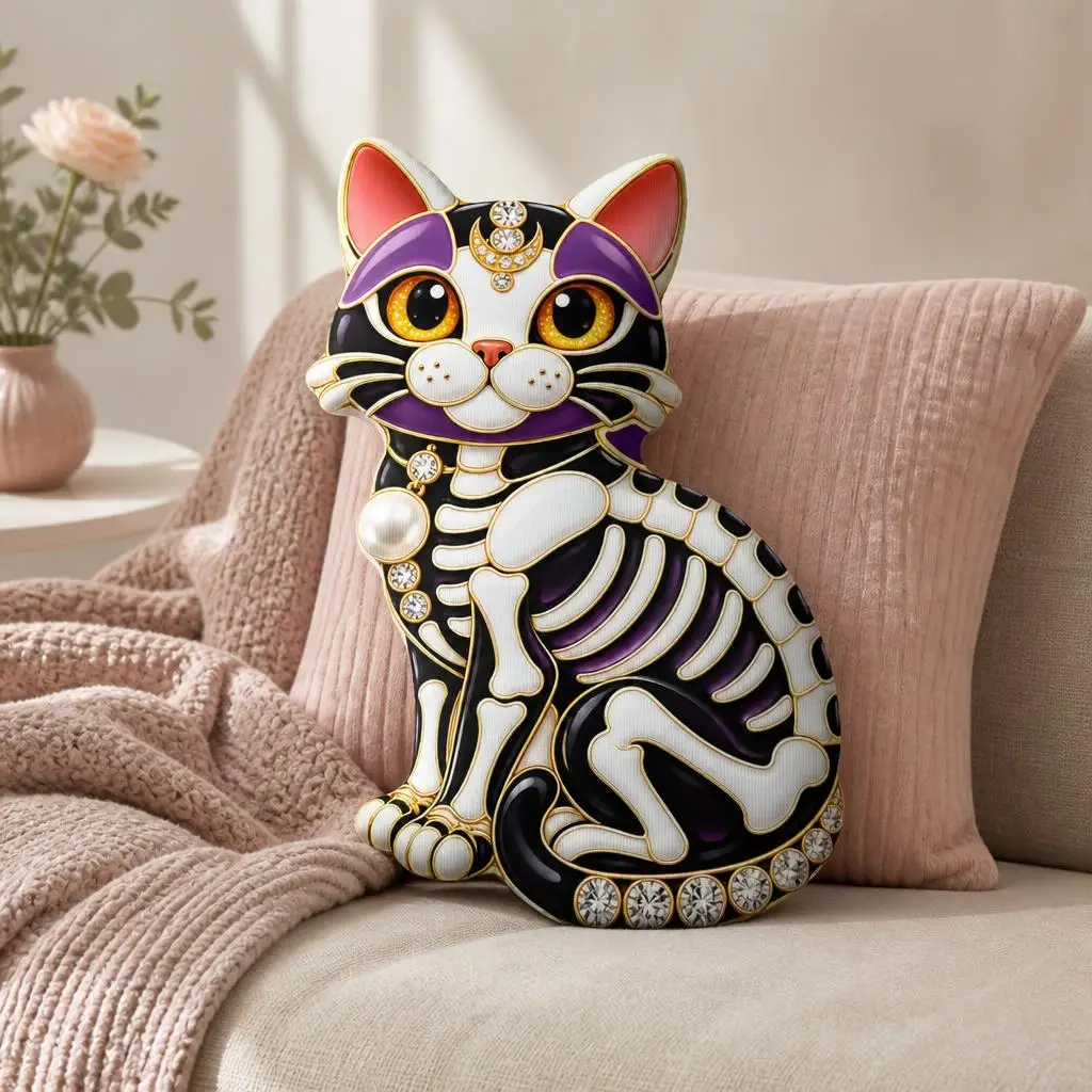Skeleton Cat Shaped Pillow Jeweled Gothic Halloween Throw Cushion Day of the Dead Home Decor Cat Lovers Gift Sofa Accent