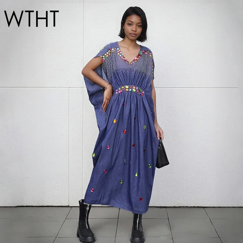 

WTHT модное новое женское свободное платье с разноцветными бриллиантами и заклепками, лето 2022, длинные платья с v-образным вырезом, женские 1LS2146