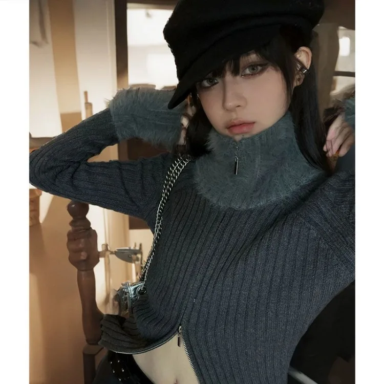 American Retro Patchwork Double Zipper Knitted Cardigan Autumn New Turtleneck Sweater for Women Y2k Long Sleeve Tops Mujer