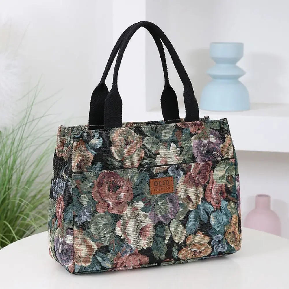 

Portable Floral Print Women's Tote Bag Canvas Thickened Lunch Bag Zipper Large Capacity Jacquard Handbag