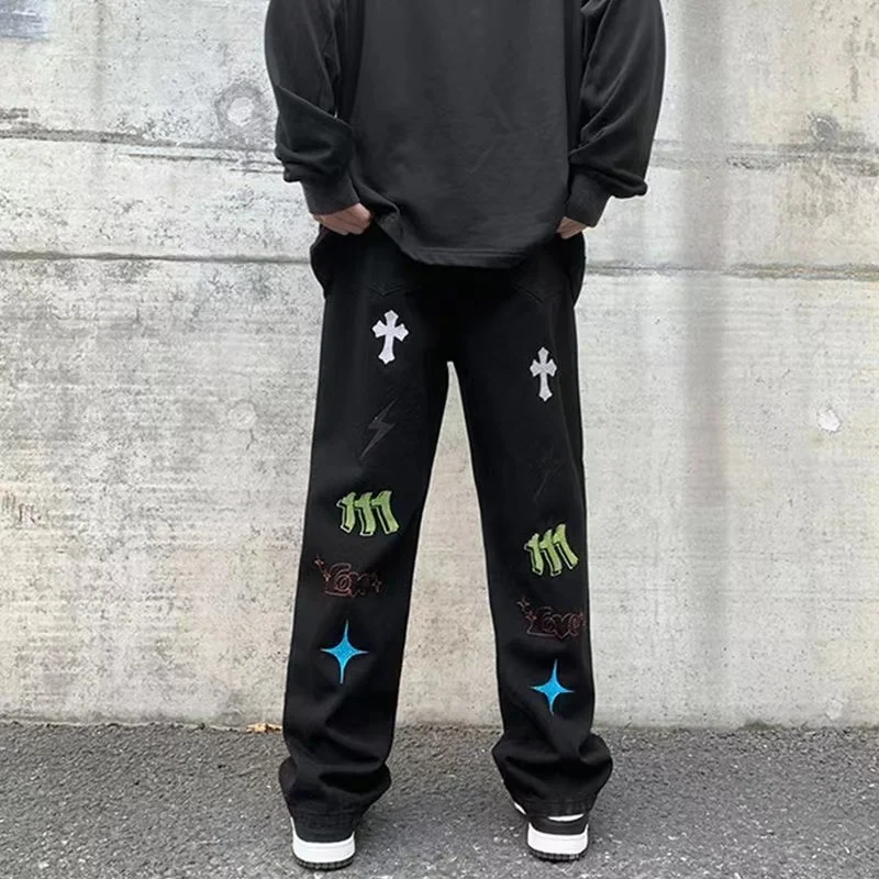 ICCLEK New Jeans Men's Casual Pants Fashionable Loose Straight Leg Wide Leg Pants