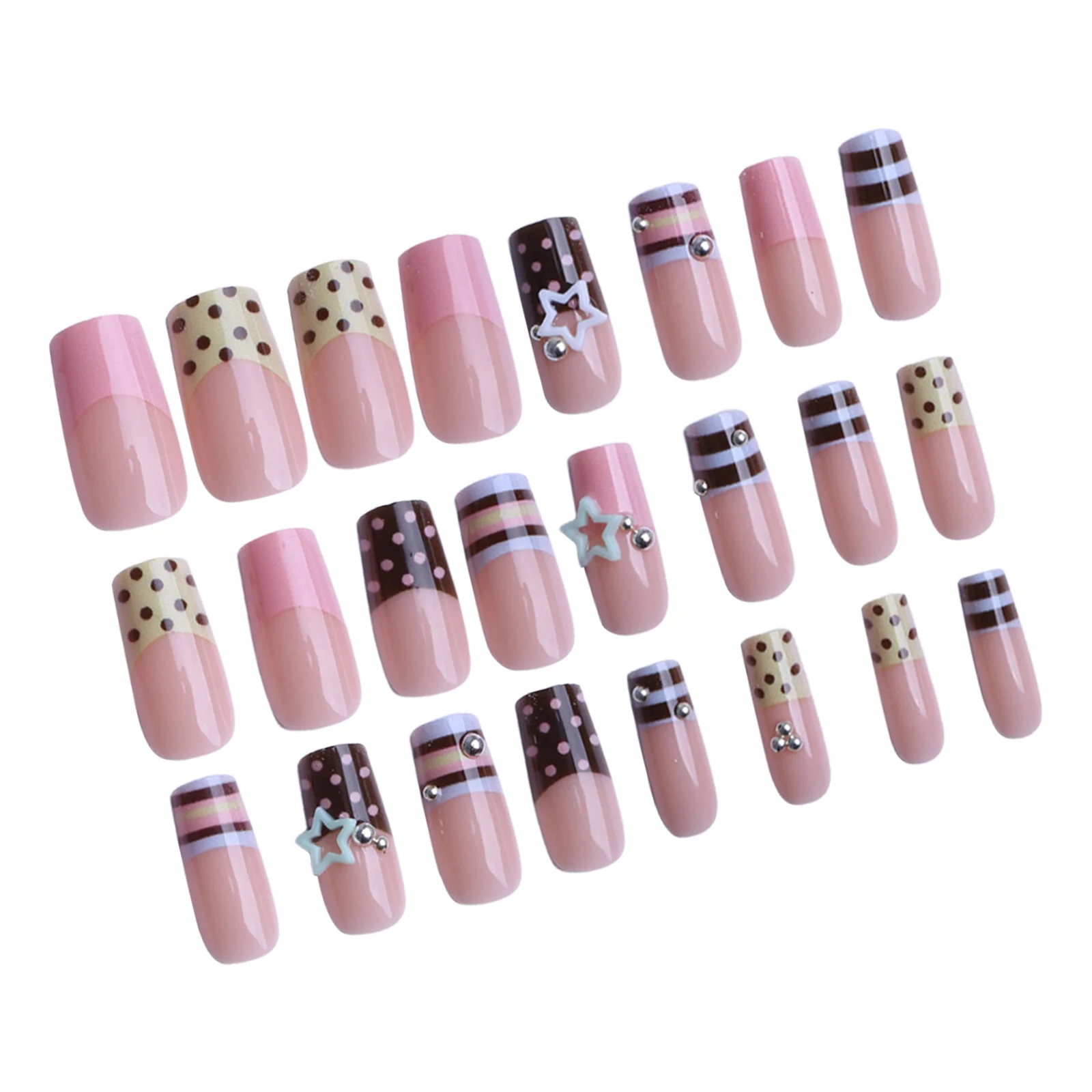 24 Stück Y2K Süße Sterne Aufklebenägel Blau-Braun Gestreift Französischer Stil Künstliche Nägel Wellenpunkt-Designs Herbst Vintage Fake Nails – Detail 7