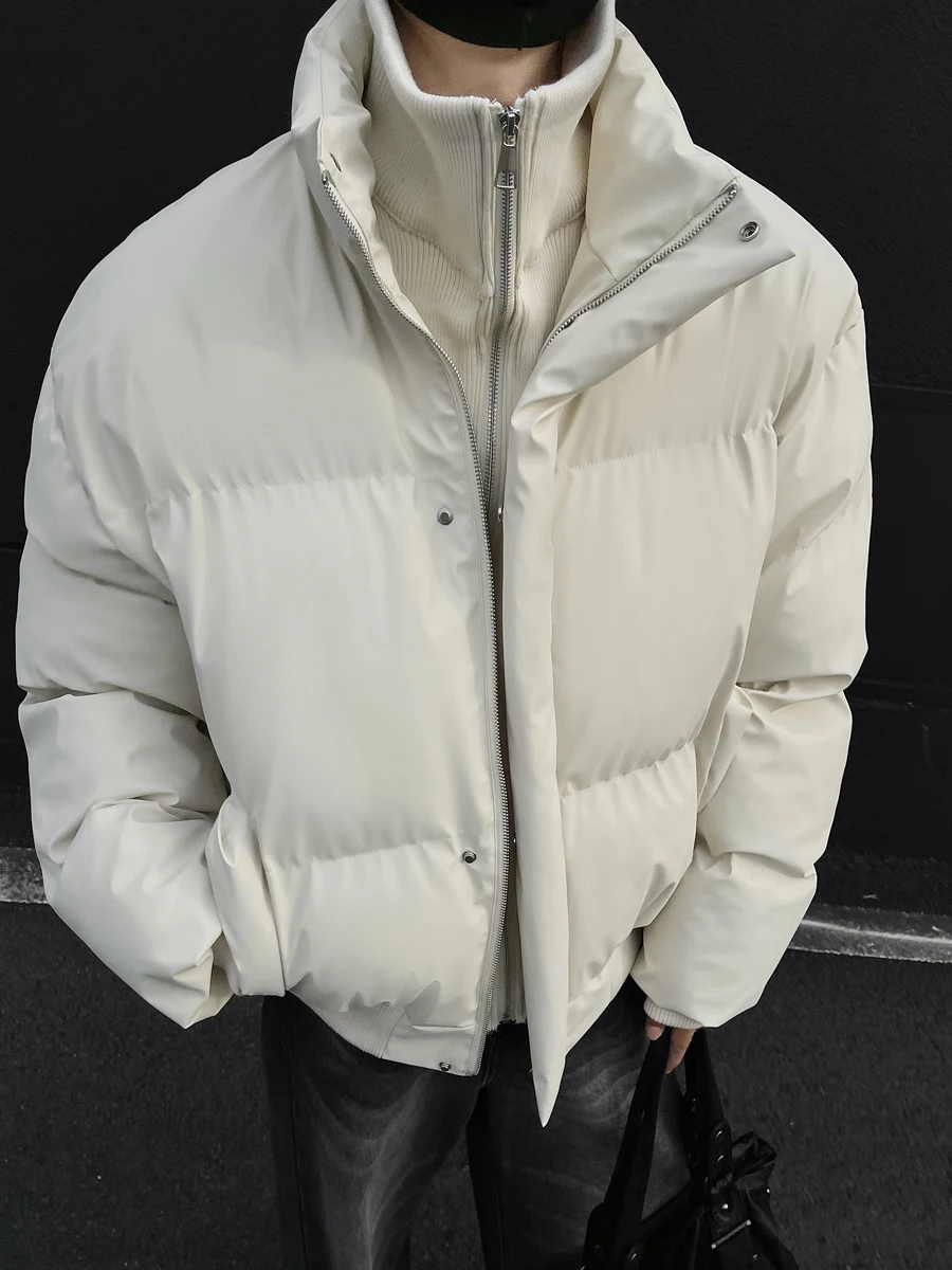 Faux Two-Piece PU Leather Cotton Jackets Men 2025 Winter New Thickened Warm Stand Collar Chic Parkas Jackets Trendy Cotton Coats