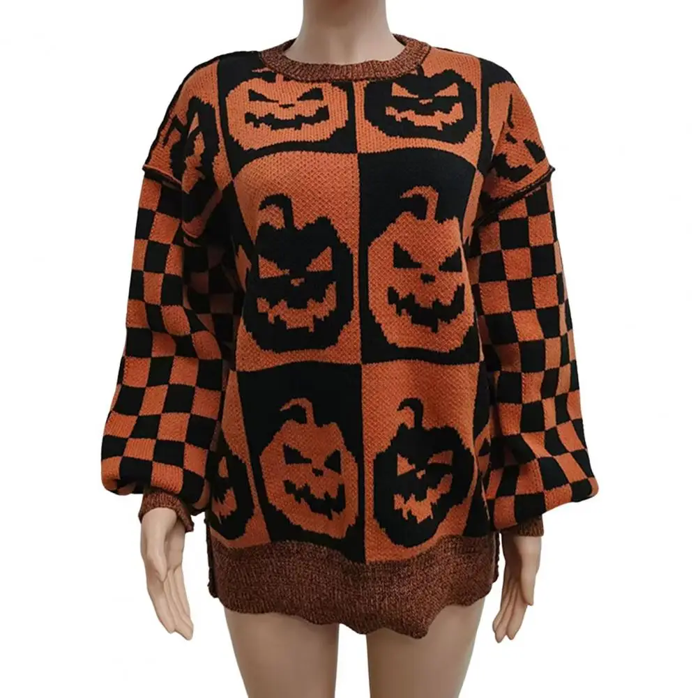 Halloween Upiorny Sweter w kratę Dynia Duch Wzór Dzianinowe Topy Crew Neck Długi Rękaw Pulower Topy Dzianina