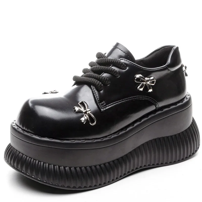 

2025 Platform Loafers Women's Spring Soft-soled Non-slip British College Style Lace-up Bow Small Leather Shoes