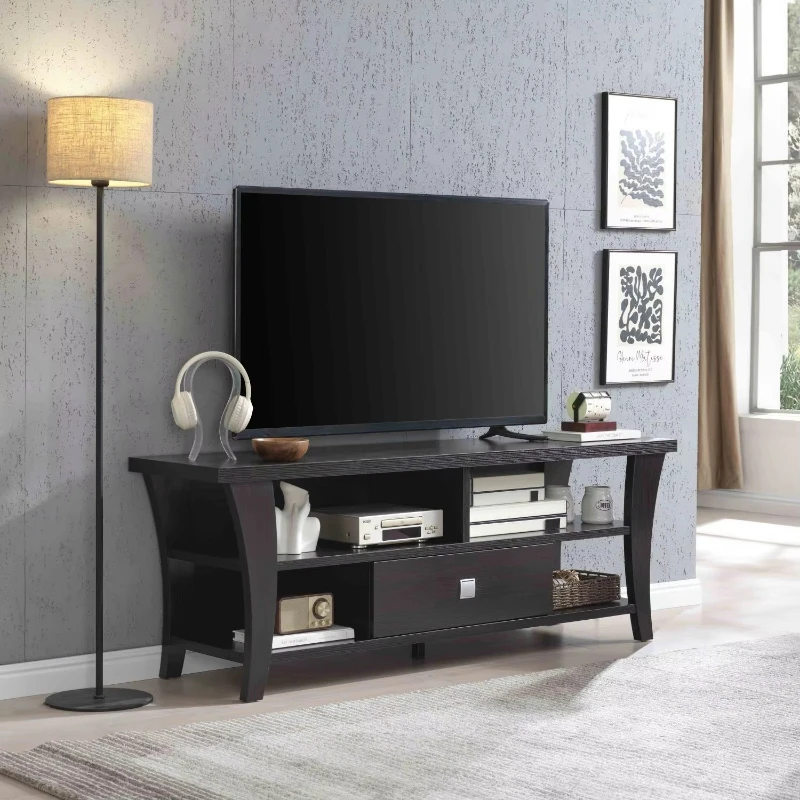 Modern design TV stand cabinet with curved legs, a drawer metal sliding square handle, separate shelves and two small rooms