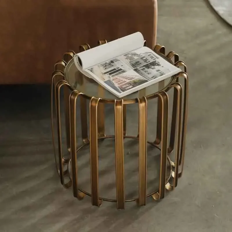 Iron Metal Coffee Table, Tempered GlassTea Table, Retro Storage Rack,Round Storage Desk, Living Room Sofa Side Table,Furniture