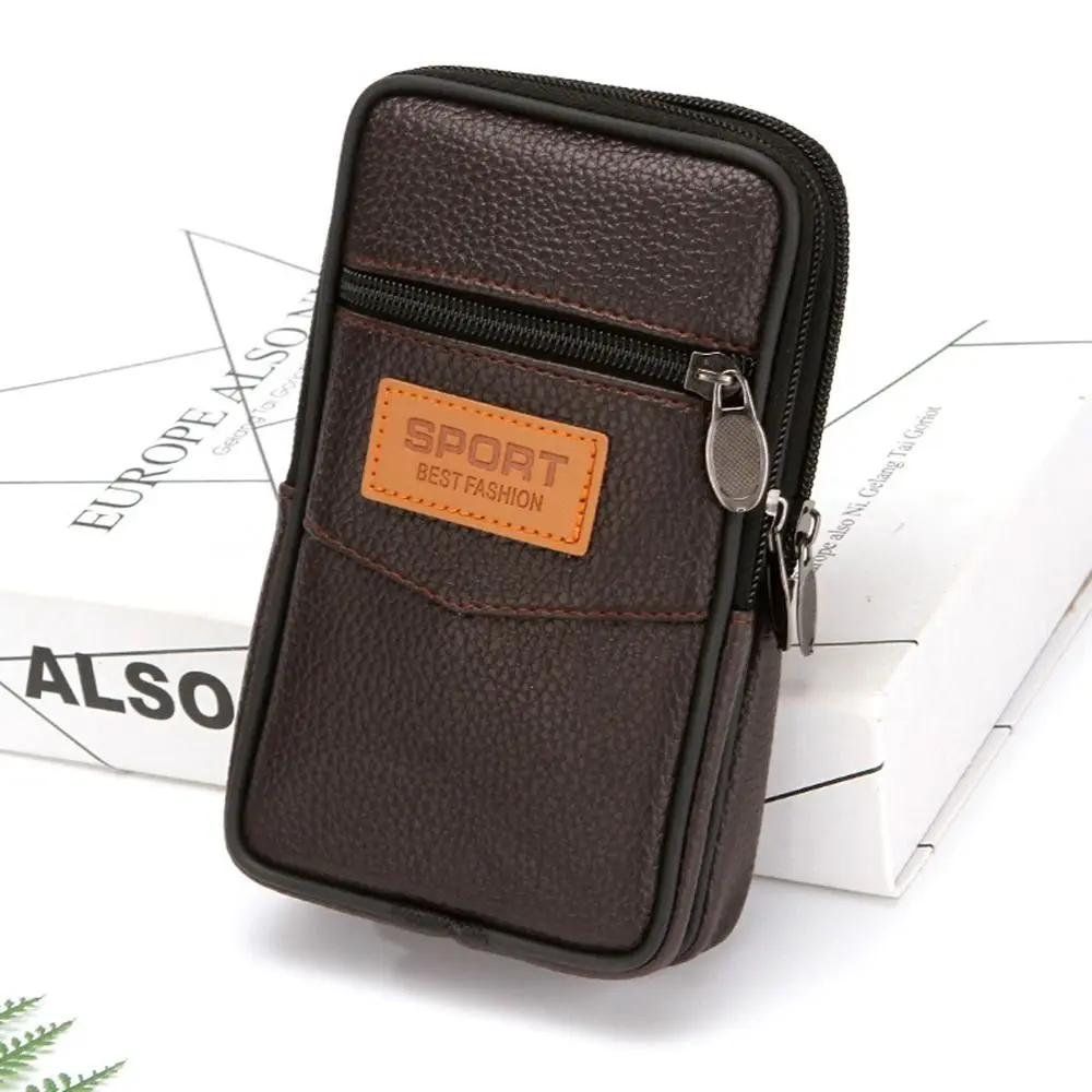 Durable PU Leather Man Belt Pouch 6.5inch Zipper Phone Case Universal Multiple Layers Belt Hanging Pouch Men's